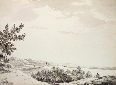 Uitzicht op de Rajmahal Heuvels met een Wachtpost op de Voorgrond door William Hodges